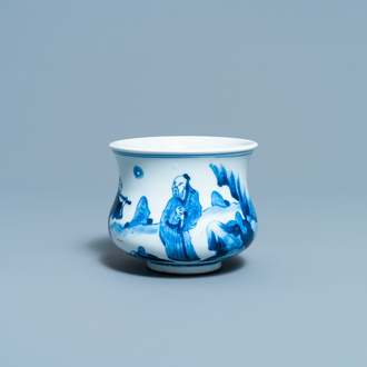 Un brûle-parfum en porcelaine de Chine en bleu et blanc à décor de figures dans un paysage, Kangxi