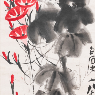 Qi Baishi (1864 - 1957), encre et couleurs sur papier, monté en rouleau: 'Belles-de-jour'