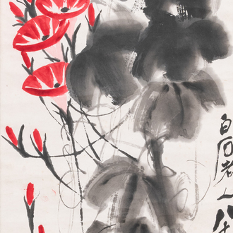 Qi Baishi (1864 - 1957), inkt en kleur op papier, als scroll gemonteerd: 'Klimmende winde'