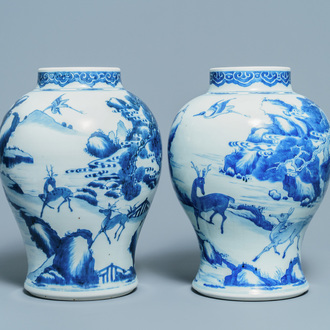 A pair of Chinese blue and white 'deer and crane' vases, Kangxi