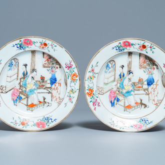 A pair of Chinese famille rose plates with a suckling lady, Yongzheng