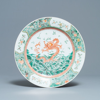 A Chinese famille verte 'dragon chasing the pearl' dish, Kangxi