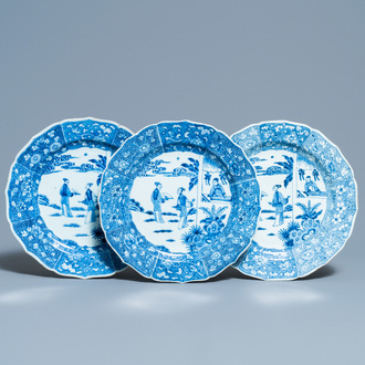 Three Chinese blue and white 'Xi Xiang Ji' dishes, Qianlong