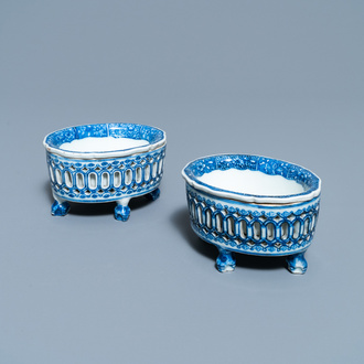 A pair of Chinese blue and white salts after European silver examples, Qianlong