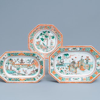 Three Chinese octagonal famille verte dishes, Kangxi