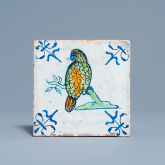A polychrome Dutch Delft parrot tile, 17th C.