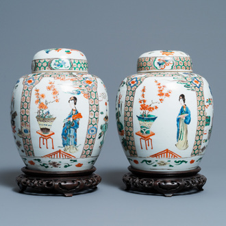 A pair of Chinese famille verte jars and covers, Kangxi