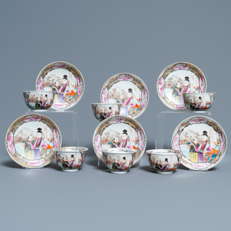 Six fine Chinese famille rose 'Mandarin' cups and saucers, Qianlong