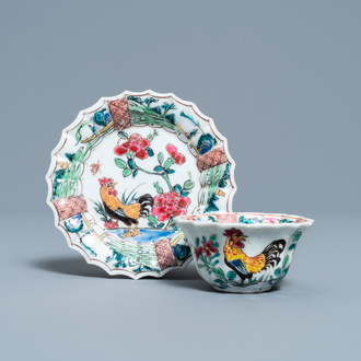 A lobed Chinese famille rose 'rooster' cup and saucer, Yongzheng