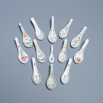 Thirteen Chinese famille rose and qianjiang cai spoons, 19/20th C.