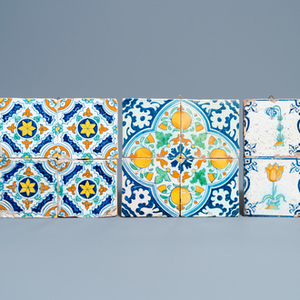 Ten polychrome Dutch Delft tiles with flowers and ornaments, 17th C.