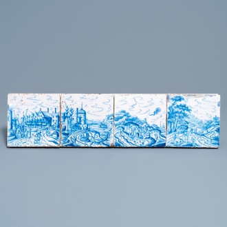 Four fine Dutch Delft blue and white 'open landscape' tiles, 18th C.