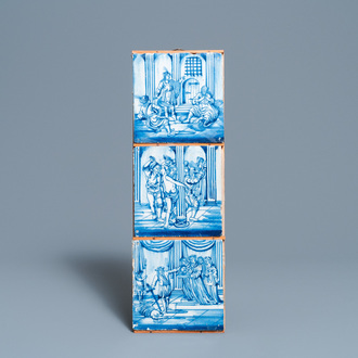 Three Dutch Delft blue and white biblical tiles, 18th C.