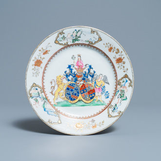 A Chinese famille rose Belgian market armorial plate, Yongzheng/Qianlong