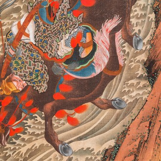 Katsushika Hokusai (Japan, 1760 – 1849), ink and color on silk: Ryubi jumping his horse across a stream, ca. 1834