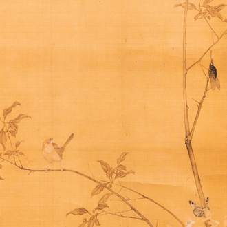 Sun Jia Shou (20th C.), ink and color on silk: 'Blossoming branches with birds and insects', dated 1936