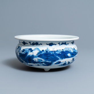 A Chinese blue and white tripod censer with figures in a mountainous river landscape, Kangxi