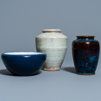 A Chinese flambé-glazed vase, a cream-glazed vase and a blue-glazed censer, Qing