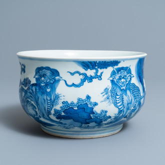 A Chinese blue and white 'mythical beasts' censer, Transitional period