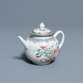A Chinese famille rose teapot with a fine flower basket, Yongzheng