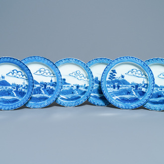 Six assiettes en porcelaine de Chine en bleu et blanc à décor de 'Scheveningen', Kangxi