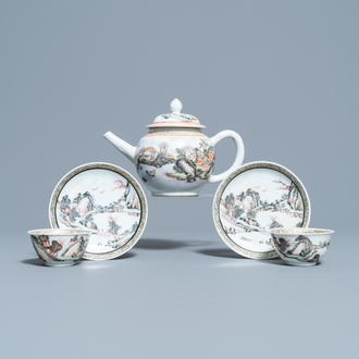 A fine Chinese 'landscape' teapot and a pair of cups and saucers, Yongzheng