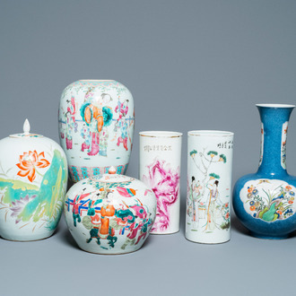 Six Chinese famille rose and verte vases, 19/20th C.