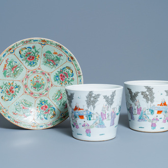 A pair of Chinese famille rose jardinières and a Canton famille rose celadon dish, 19th C.