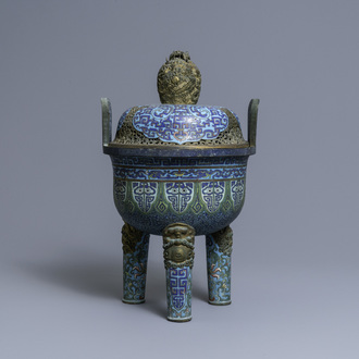 A large Chinese cloisonné tripod censer and cover, Qianlong