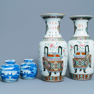 A pair of Chinese blue and white covered jars and a pair of famille rose vases, 19th C.