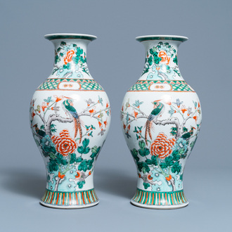 A pair of Chinese famille verte vases with birds among blossoming branches, Republic