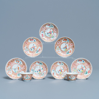 Two Chinese famille rose cups and seven saucers, Yongzheng
