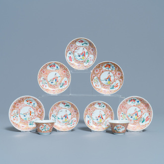 Deux tasses et sept soucoupes en porcelaine de Chine famille rose, Yongzheng