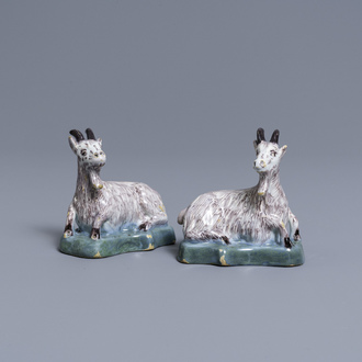 A pair of polychrome Dutch Delft models of goats, 18th C.