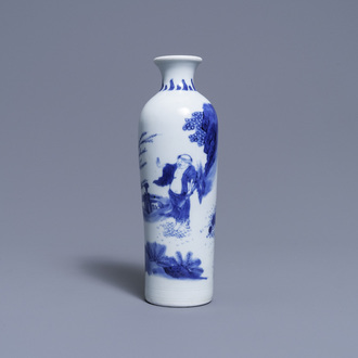 A Chinese blue and white rouleau vase with a figure in a landscape, Transitional period