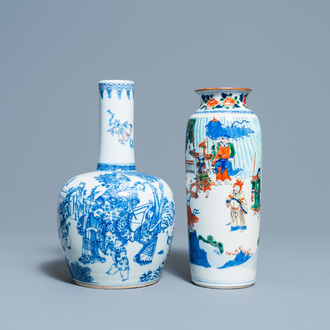A Chinese wucai rouleau vase and a blue, white and copper-red vase, 19/20th C.