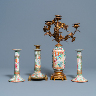 Three Chinese Canton famille rose candlesticks and a vase with gilt bronze mounts, 19th C.