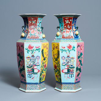 A pair of Chinese hexagonal famille rose vases, 19th C.