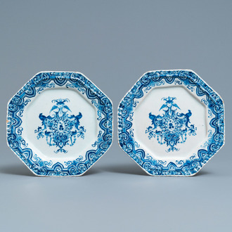 A pair of Dutch Delft blue and white octagonal plates, 18th C.