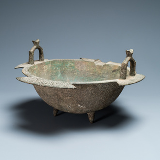 A Persian bronze tripod cauldron, Khorasan, Iran, 12/13th C.