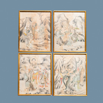 Chinese school, ink and color on paper: 'Four scenes with luohans', 19th C.