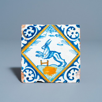 A polychrome Dutch Delft maiolica tile with a hare, ca. 1600