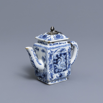 A rare Dutch Delft blue and white relief-moulded teapot and cover, late 17th C.