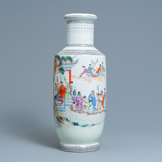 A Chinese famille rose rouleau vase with figures in a garden, Republic
