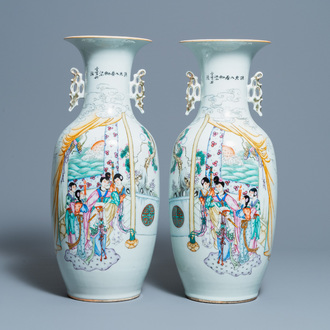 A pair of Chinese famille rose 'ladies' vases, 19/20th C.