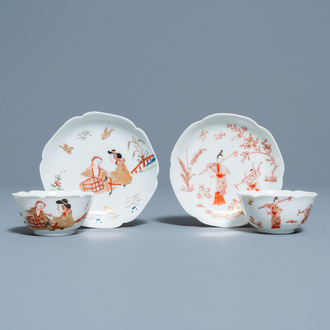 Two Chinese iron-red and gilt cups and saucers, Yongzheng