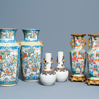 Three pairs of Chinese famille rose, verte and crackle-glazed vases, 19th C.