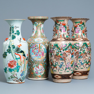 A pair of Chinese Nanking famille rose vases, a Canton vase and a 'phoenixes' vase, 19/20th C.