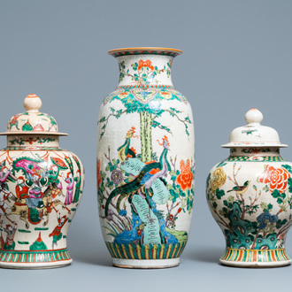 Three Chinese Nanking famille rose and verte crackle-glazed vases, 19/20th C.