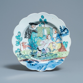 Een Chinees in Nederland beschilderd blauw-wit bord met een romantische voorstelling, Qianlong